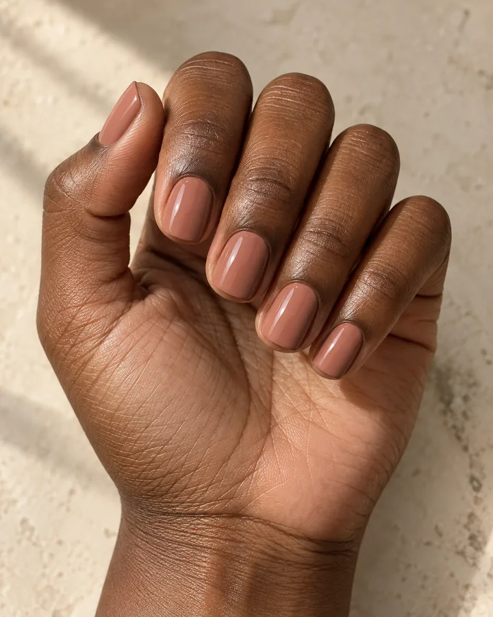 Mano de piel marrón profunda con uñas squoval cortas en arcilla rosada cremosa.