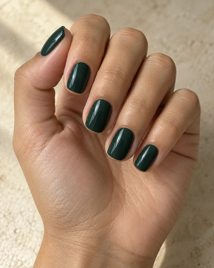 Mano de piel oliva clara con uñas squoval cortas en verde profundo brillante.