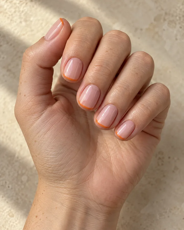 Mano de piel clara con uñas squoval cortas, base nude translúcida y puntas micro-french naranja.