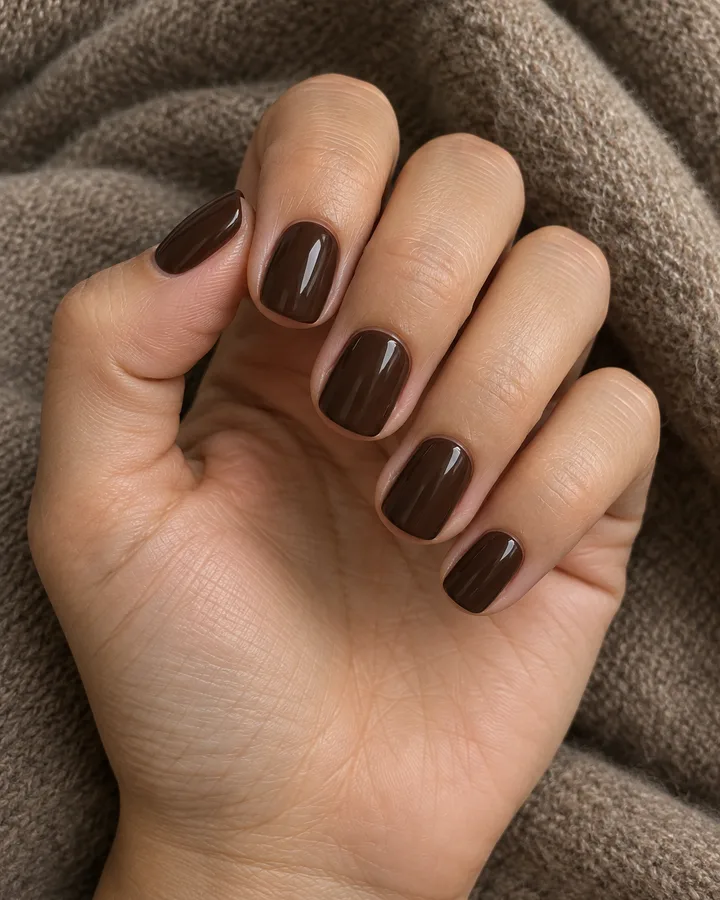 Uñas squoval marrón espresso liso y brillante.