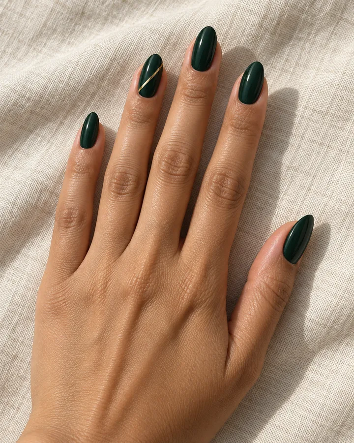 Uñas verde profundo con una línea dorada en una uña.