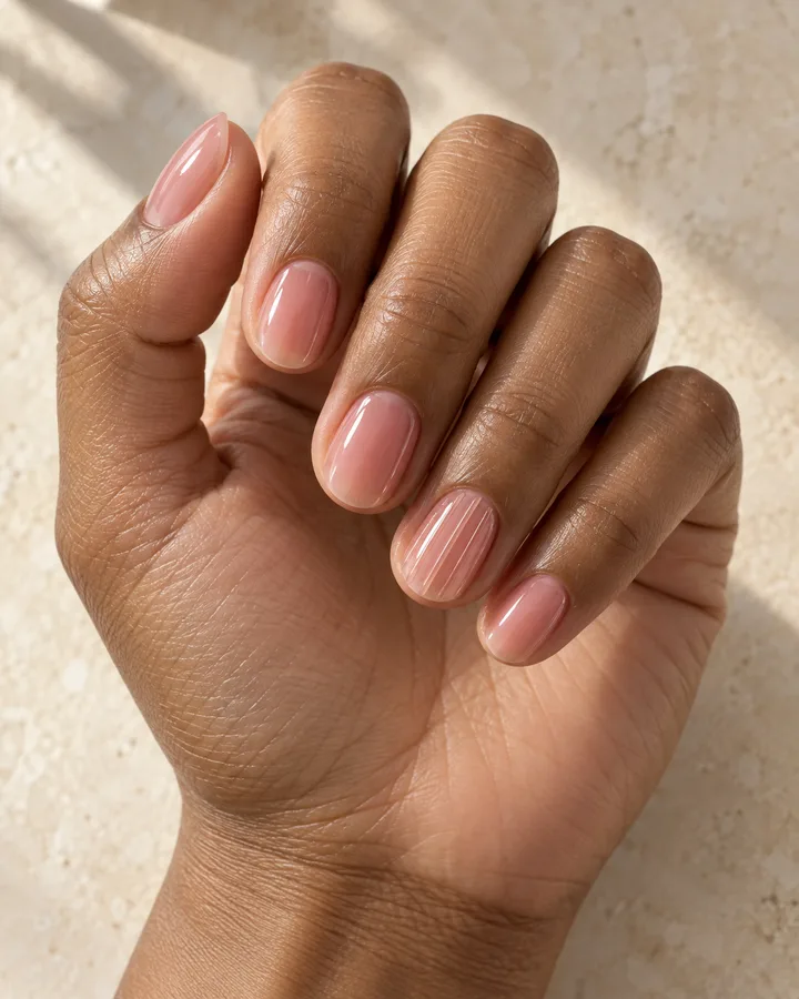 Mano de piel marrón media con uñas ovaladas cortas rosa jelly y un acento de relieve transparente.