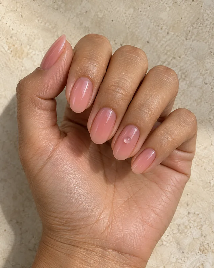Uñas rosa jelly con una pequeña gota transparente en relieve.