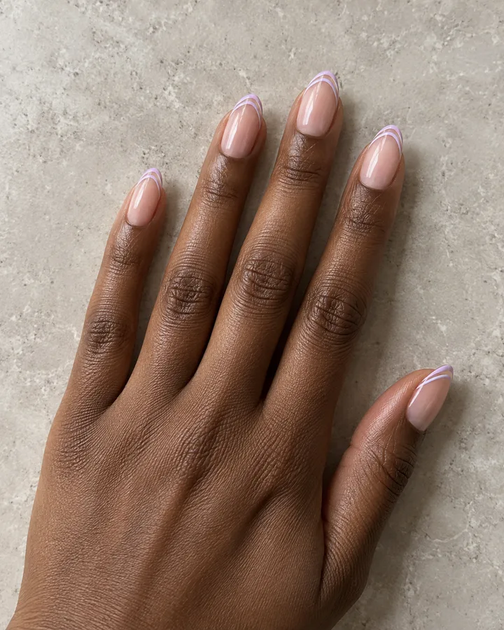 Uñas almendradas con base nude y doble línea francesa lila.
