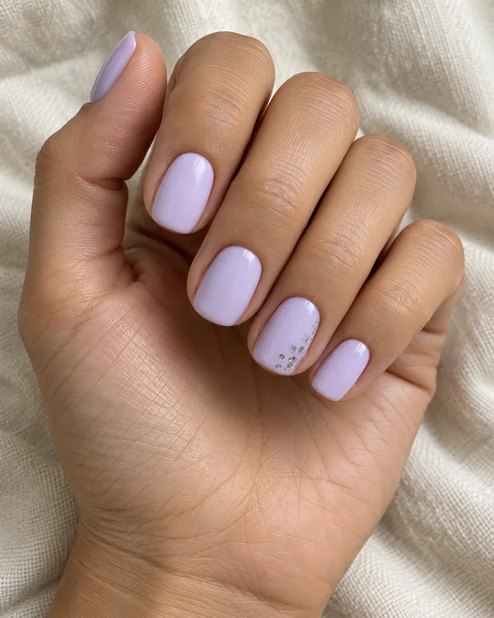 Uñas lilas lisas con un pequeño acento plateado.