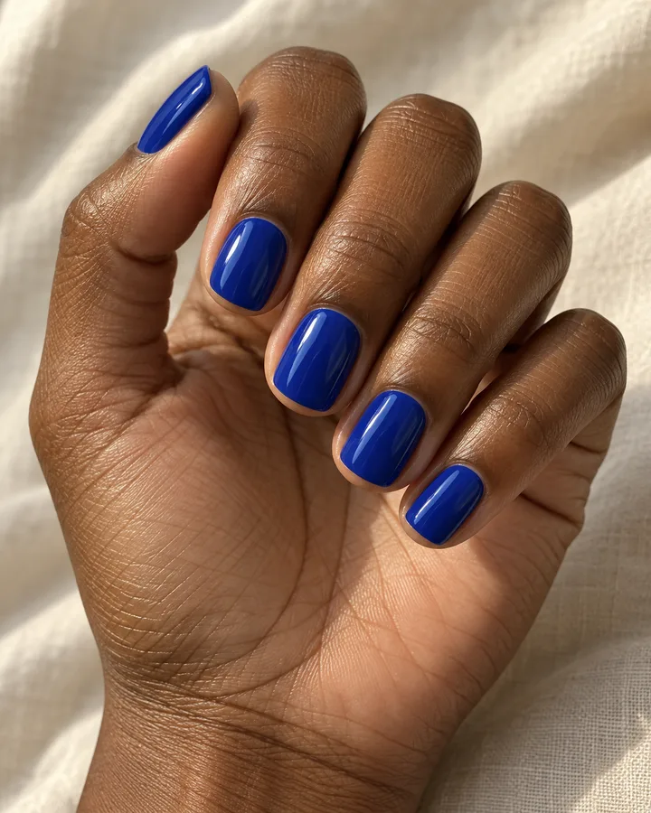 Mano de piel marrón profunda con uñas squoval cortas en azul intenso brillante.