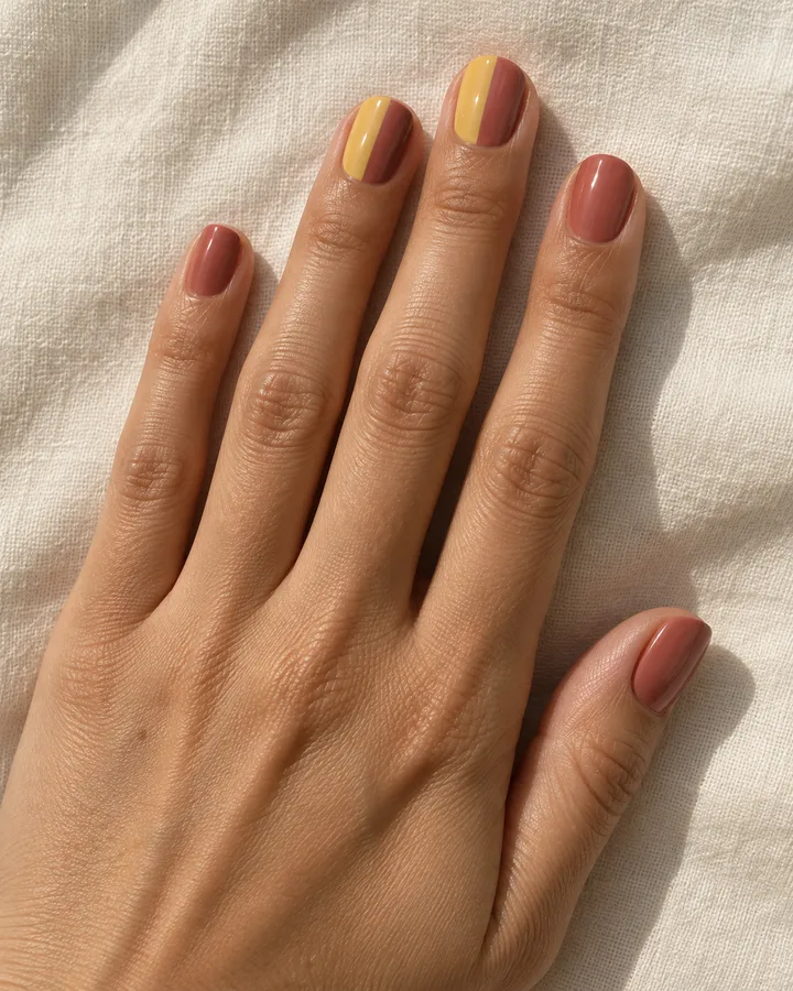Uñas arcilla rosada con bloques amarillos en dos uñas.