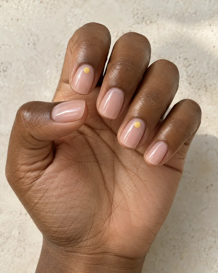 Uñas nude con pequeños puntos amarillos de acento.