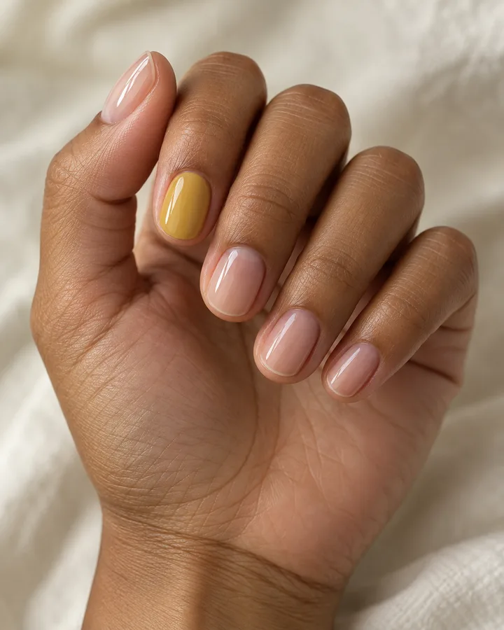 Mano de piel oliva con uñas redondas cortas nude y una uña de acento amarillo cálido.