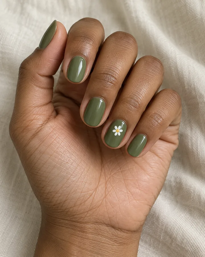 Uñas verde suave con una pequeña margarita blanca de acento.