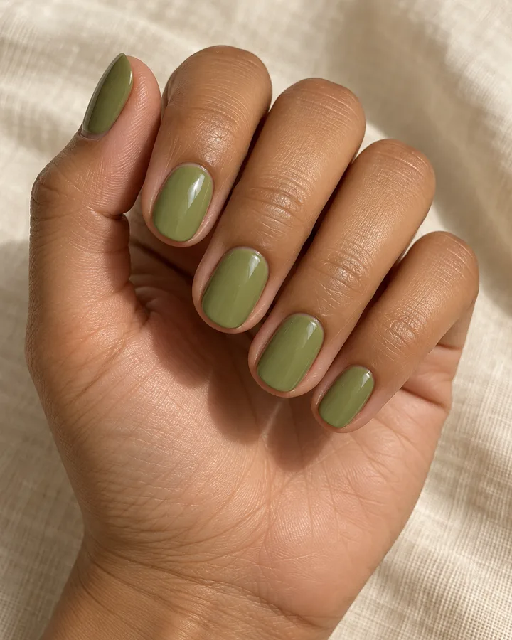 Mano de piel oliva con uñas ovaladas cortas en verde pradera suave y brillante.