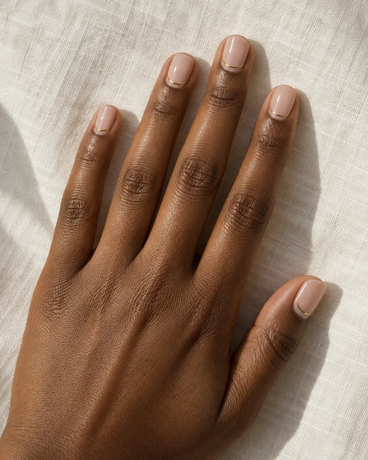 Uñas nude con una media luna dorada fina en la base.
