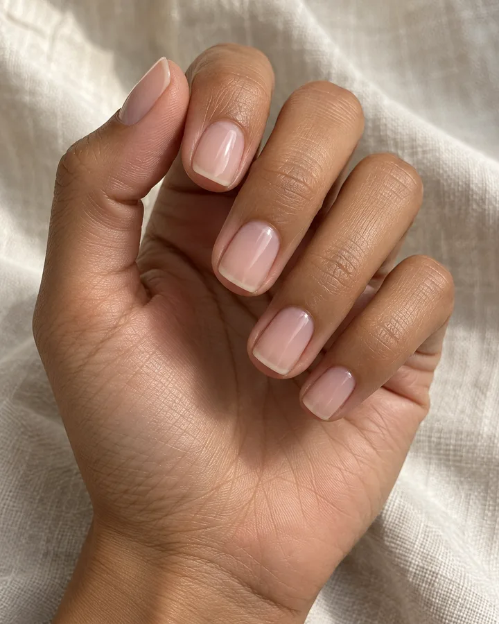 Mano de piel oliva con uñas squoval cortas y un velo rosa nude lechoso brillante.