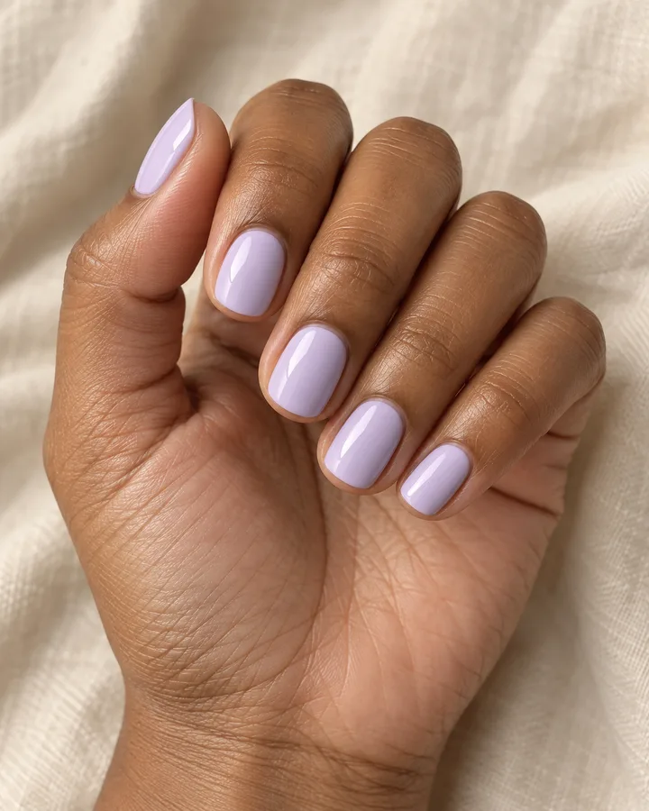 Mano de piel marrón media con uñas squoval cortas en lila lechoso cremoso.