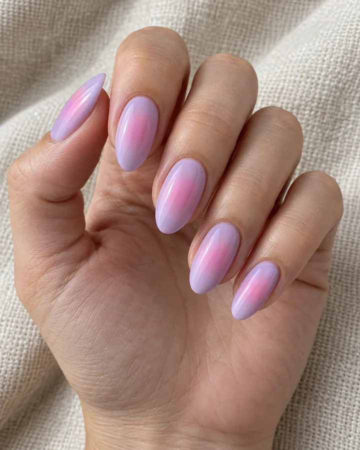 Uñas almendradas con base lila y un halo rosa difuminado.