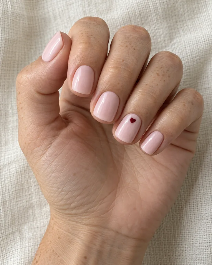 Uñas rosas con un pequeño corazón granate de acento.