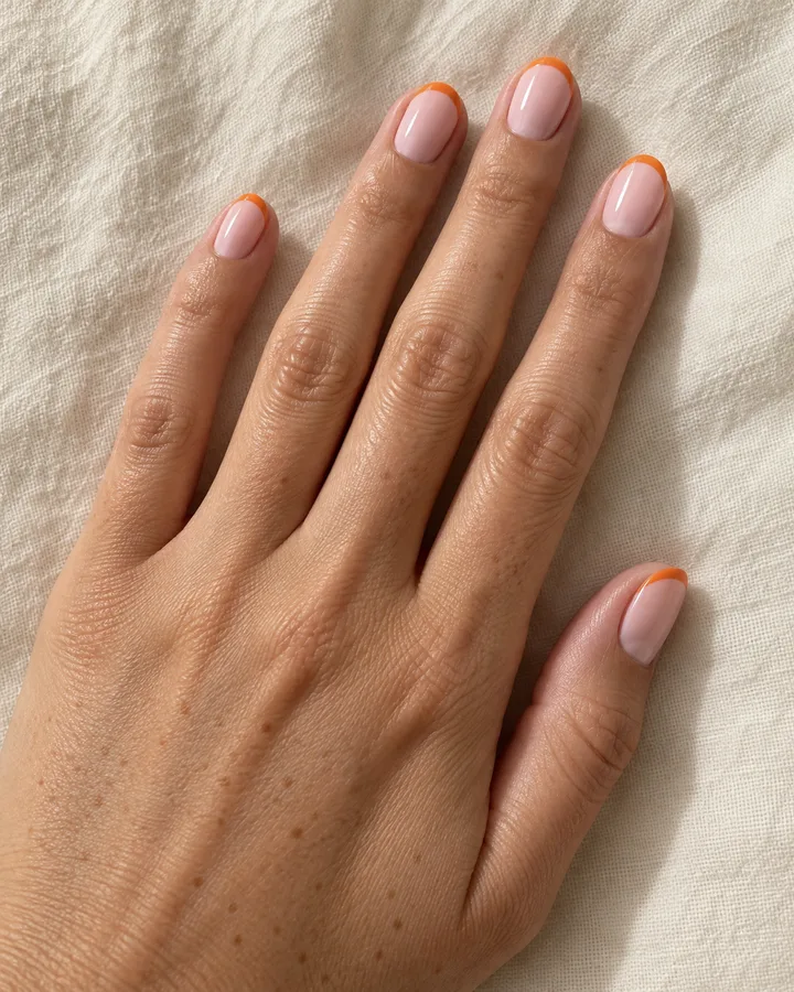 Uñas ovaladas rosas con puntas francesas naranjas.