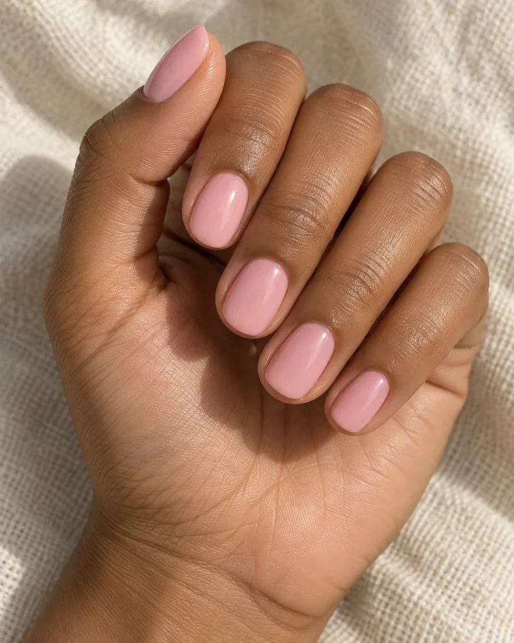 Mano de piel marrón media con uñas de contorno redondeado en rosa cremoso brillante.