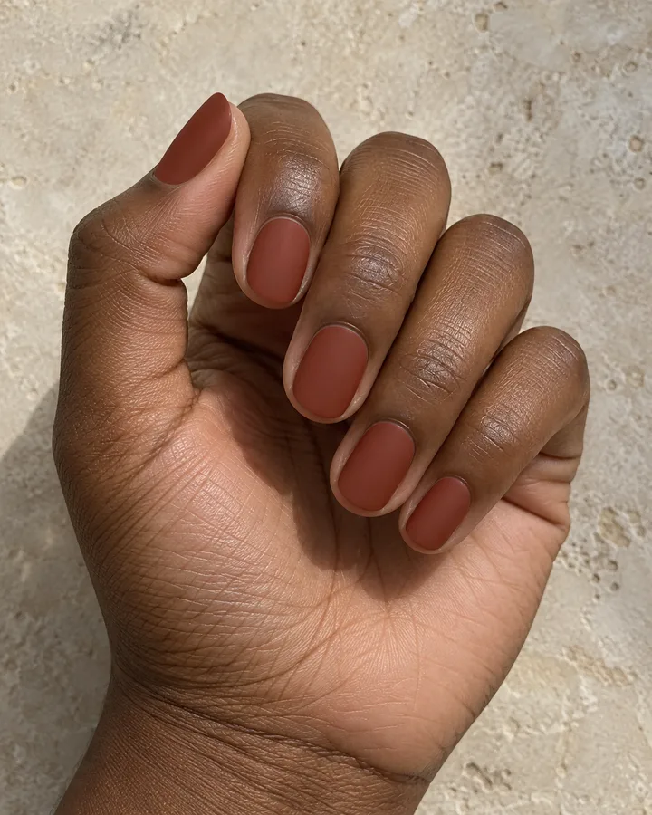 Uñas ovaladas marrón rojizo con acabado mate.