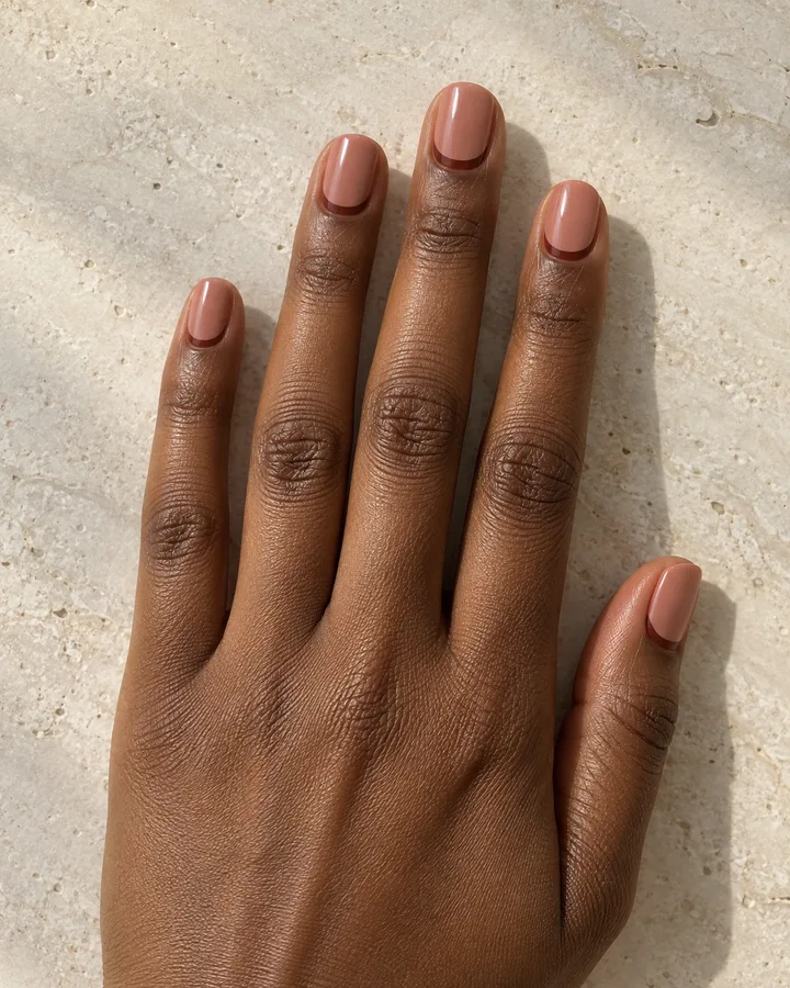 Uñas arcilla rosada con una media luna marrón junto a la cutícula.