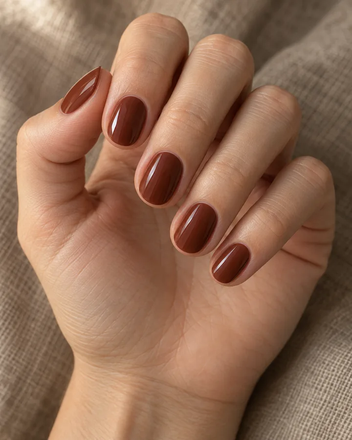 Mano de piel clara con uñas ovaladas cortas en marrón rojizo profundo y brillante.