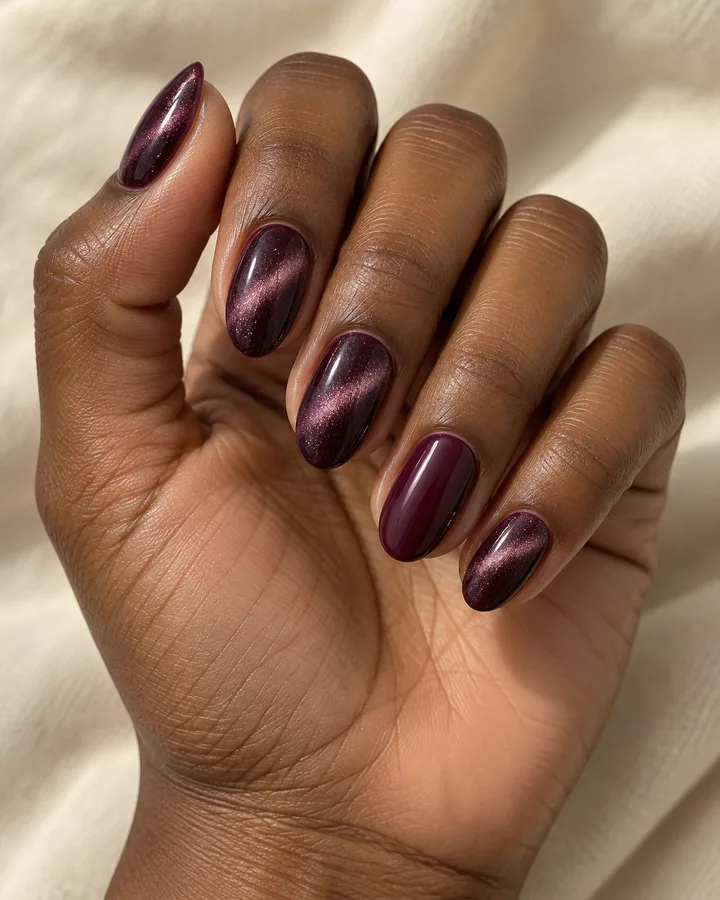 Mano de piel marrón profunda con uñas almendradas en ciruela velvet y una uña lisa.