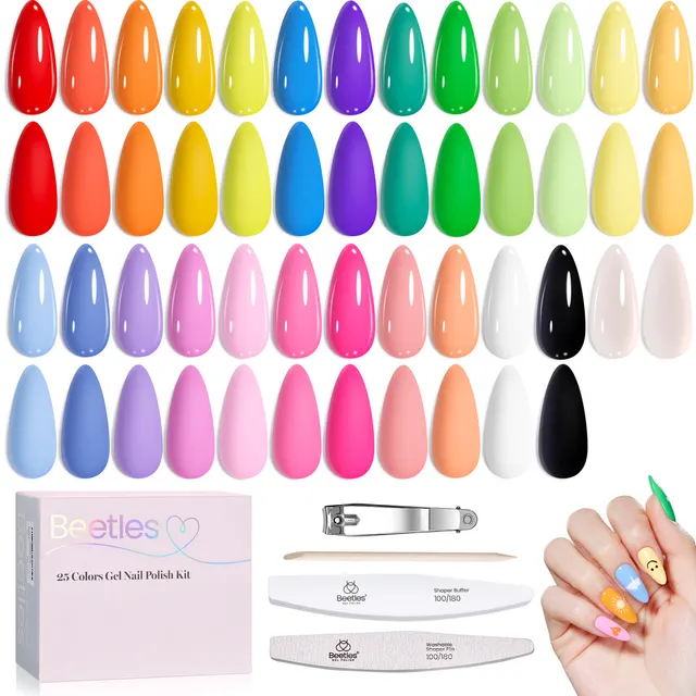 Set de esmaltes de gel Beetles de 25 colores con base y top brillante y mate