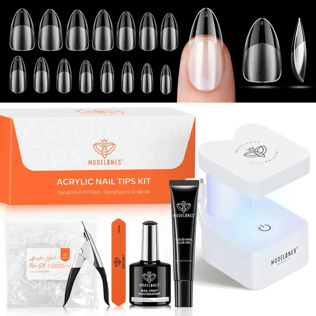 Kit de soft gel tips Modelones almendra mediana con gel sólido y lámpara (510 tips)