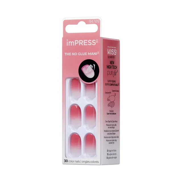 Uñas postizas KISS imPRESS cortas ovaladas, rosa (30 uñas)